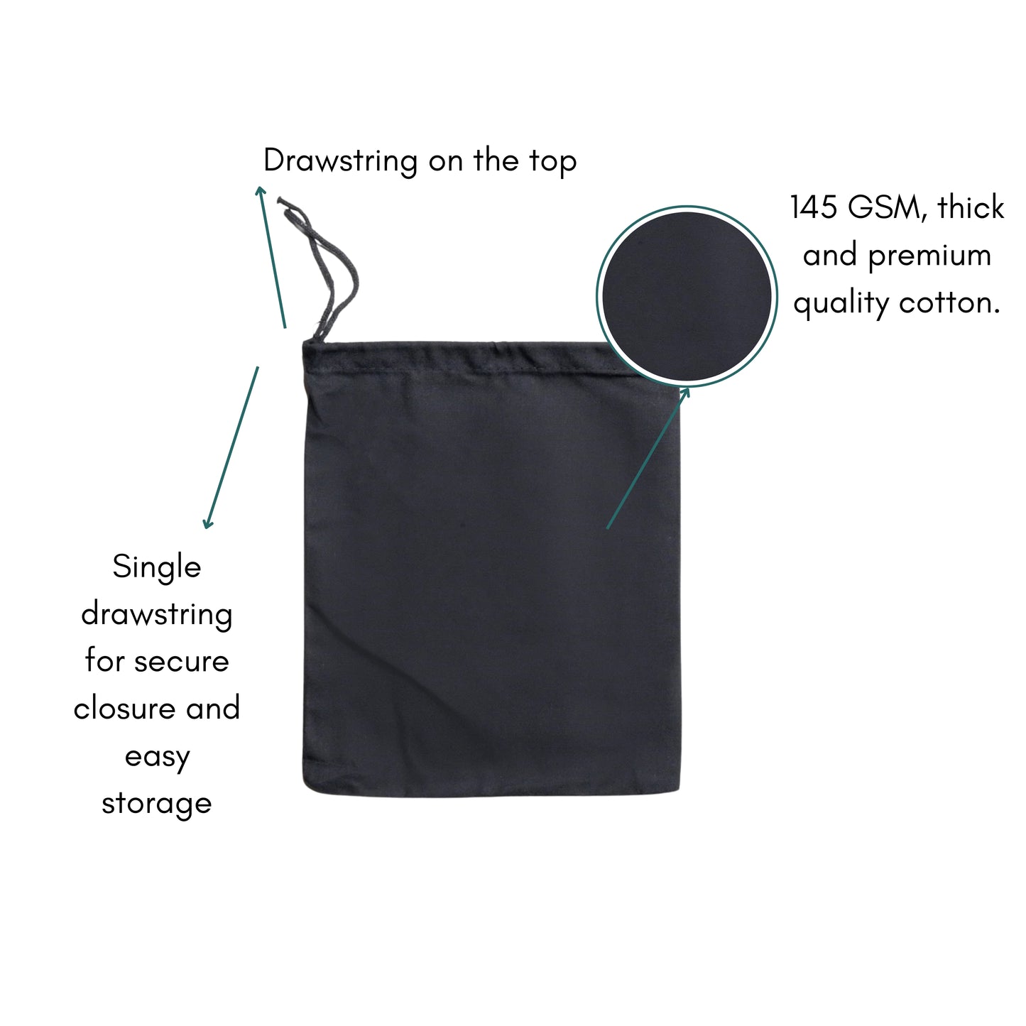 30x41 cm (12x16 Inches) Black Cotton Single Drawstring Eco-friendly Reusable Cotton Muslin Bags