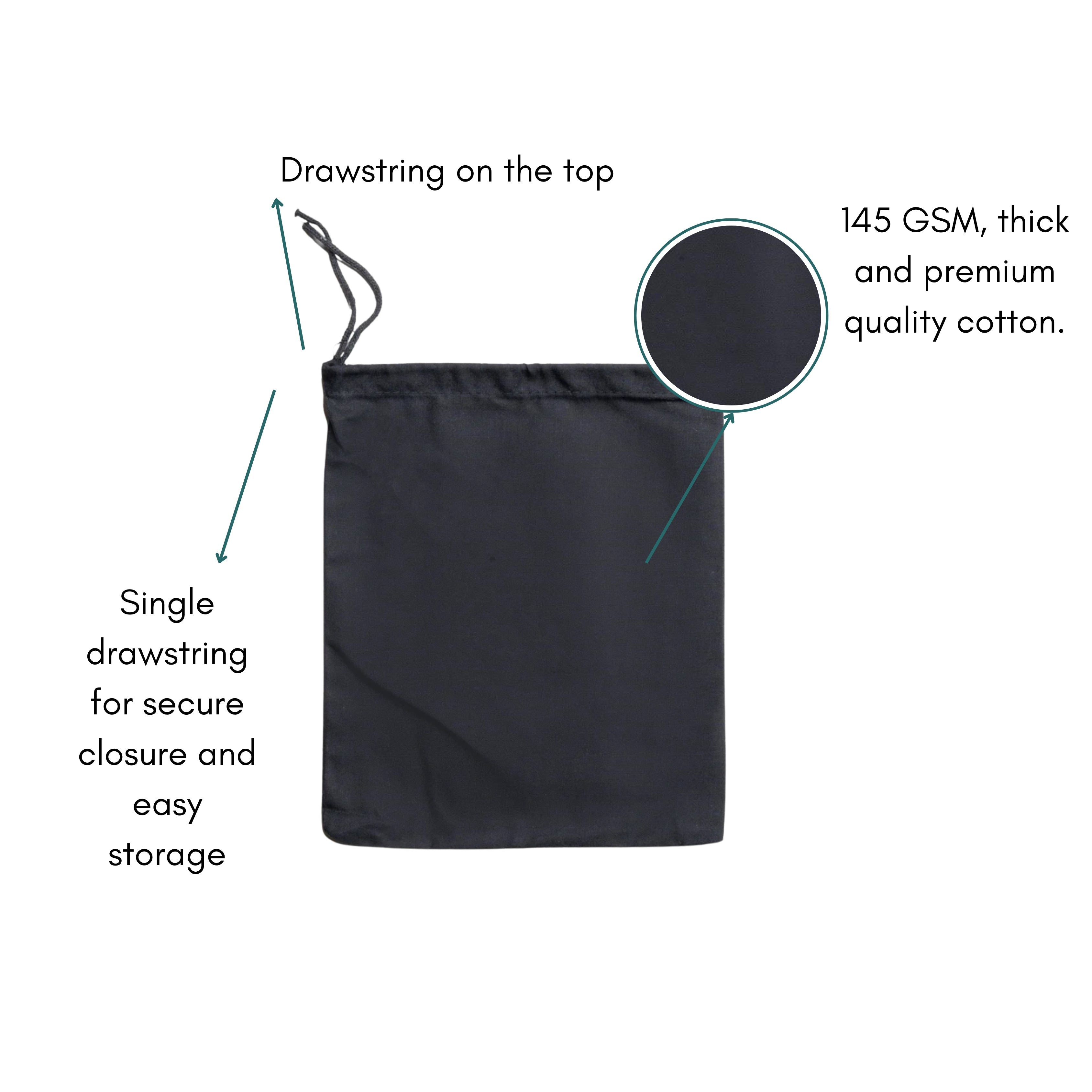 Black Cotton Single Drawstring Eco-friendly Reusable Cotton Muslin Bags
