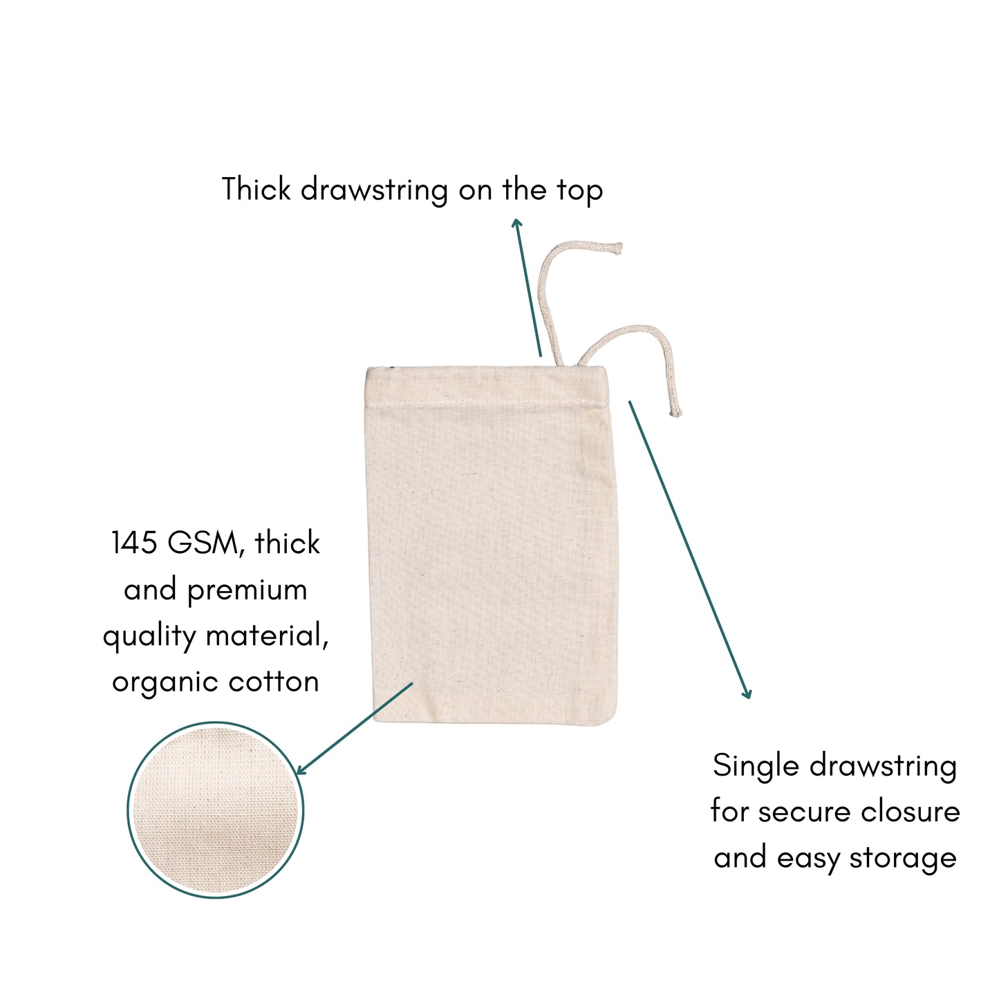 20x25 cm (8x10 Inches) 100% Organic Cotton Single Drawstring Eco-friendly Reusable Cotton Muslin Bags