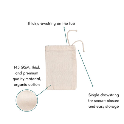 20x25 cm (8x10 Inches) 100% Organic Cotton Single Drawstring Eco-friendly Reusable Cotton Muslin Bags
