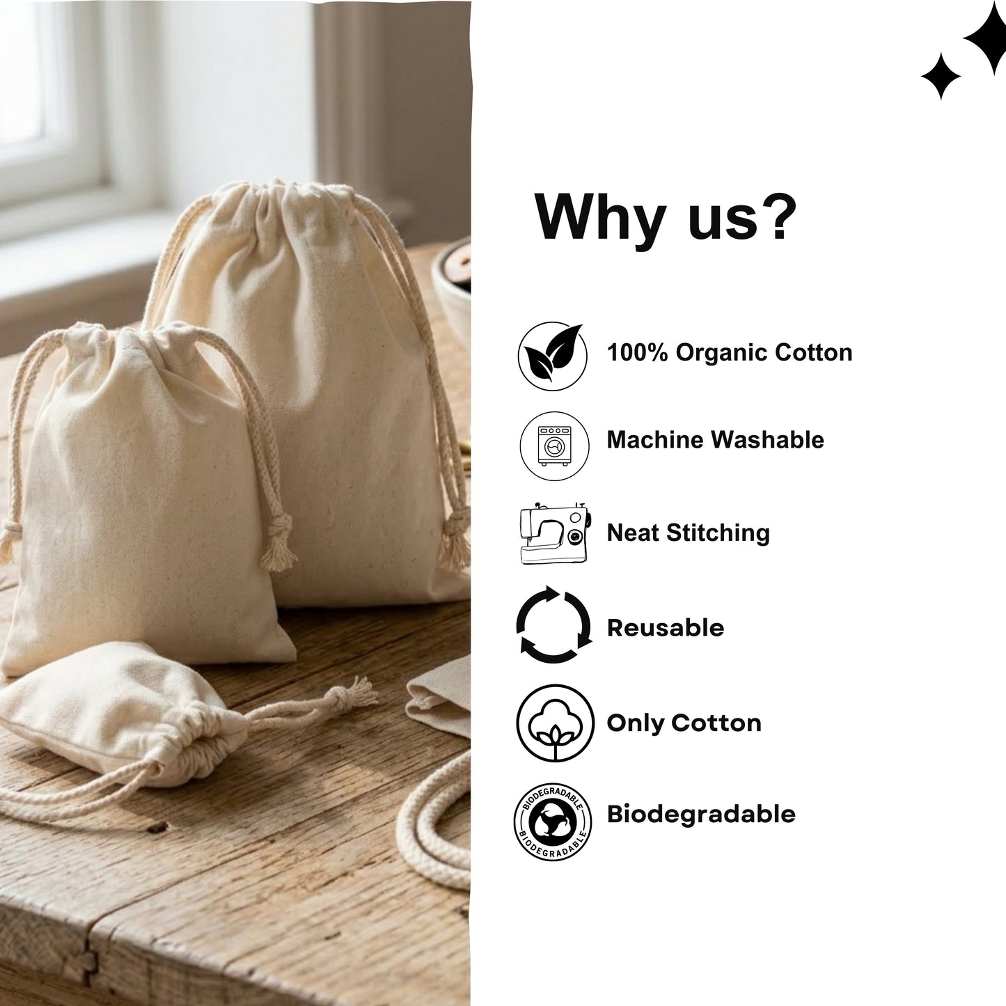 5x8 cm (2x3 Inches) 100% Organic Cotton Double Drawstring Eco-friendly Reusable Cotton Muslin Bags