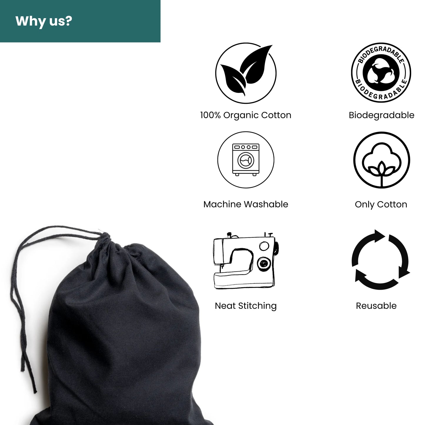 30x41 cm (12x16 Inches) Black Cotton Single Drawstring Eco-friendly Reusable Cotton Muslin Bags