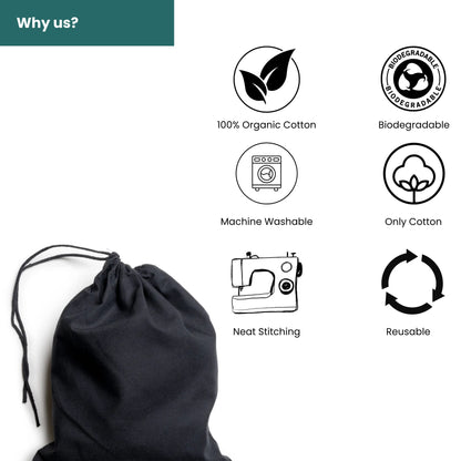 30x41 cm (12x16 Inches) Black Cotton Single Drawstring Eco-friendly Reusable Cotton Muslin Bags