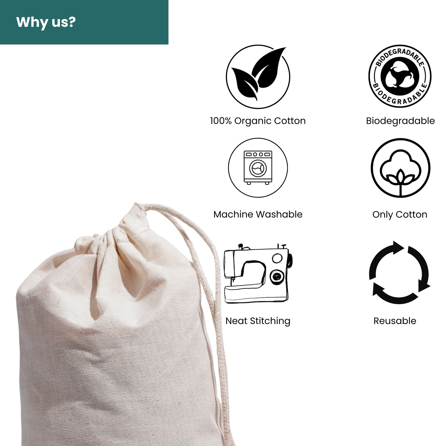 20x25 cm (8x10 Inches) 100% Organic Cotton Single Drawstring Eco-friendly Reusable Cotton Muslin Bags