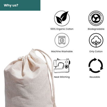 20x25 cm (8x10 Inches) 100% Organic Cotton Single Drawstring Eco-friendly Reusable Cotton Muslin Bags