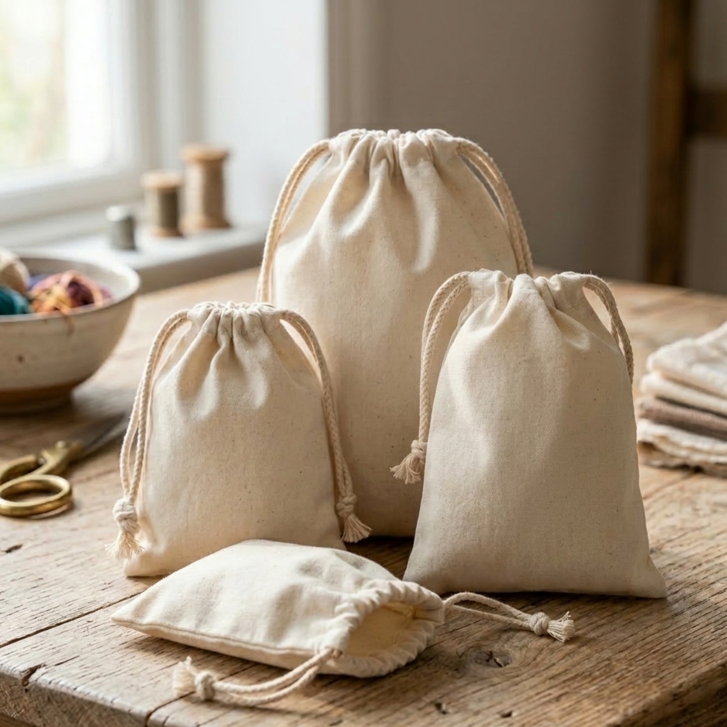 5x8 cm (2x3 Inches) 100% Organic Cotton Double Drawstring Eco-friendly Reusable Cotton Muslin Bags